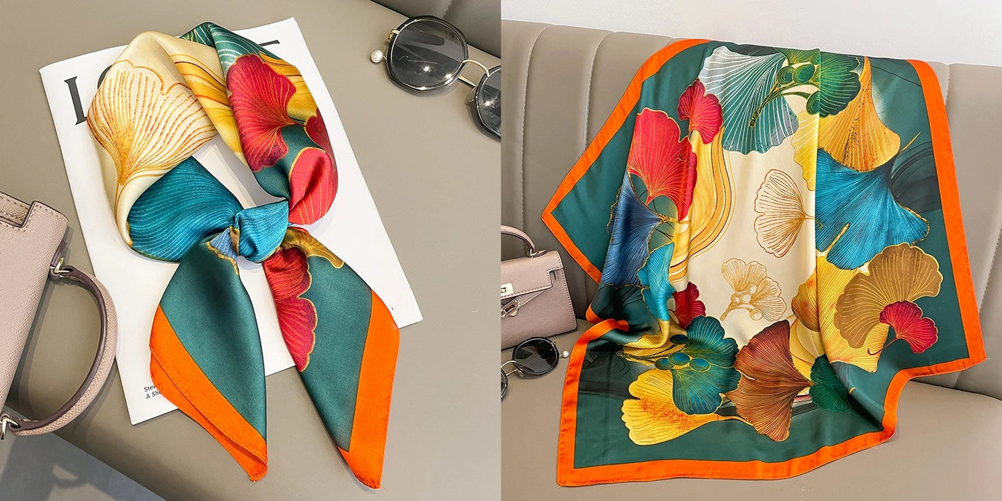 Luxury Floral Print Silk Square Scarf Women Soft Satin