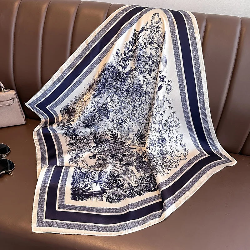 Luxury Floral Print Silk Square Scarf Women Soft Satin