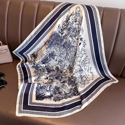 Luxury Floral Print Silk Square Scarf Women Soft Satin
