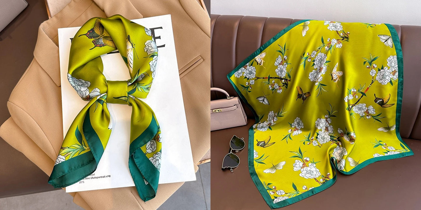 Luxury Floral Print Silk Square Scarf Women Soft Satin