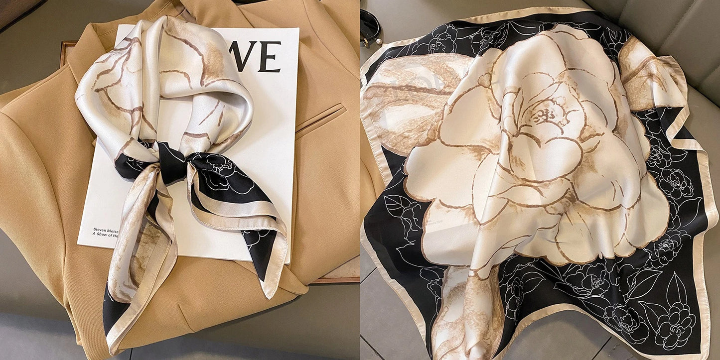 Luxury Floral Print Silk Square Scarf Women Soft Satin
