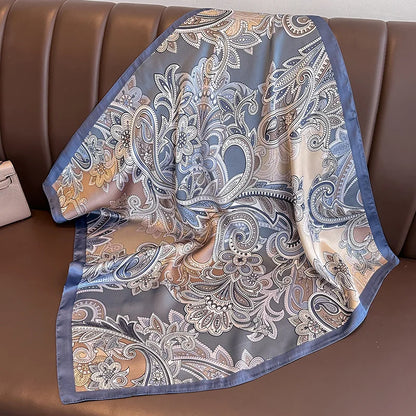 Luxury Floral Print Silk Square Scarf Women Soft Satin