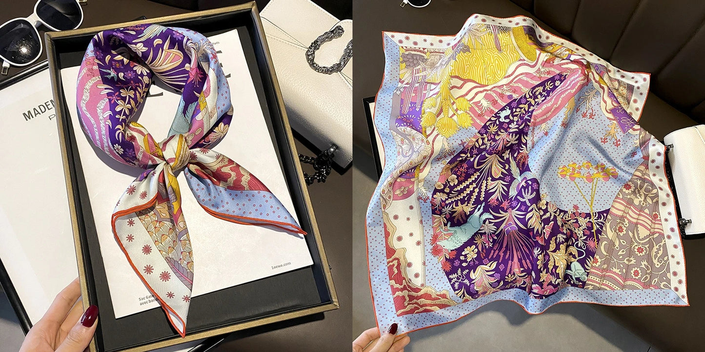 Luxury Floral Print Silk Square Scarf Women Soft Satin